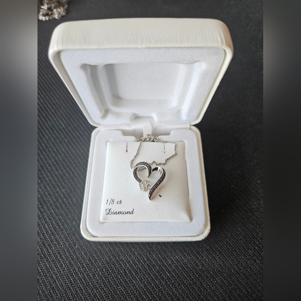 1/8ct Black Heart Shaped Diamond with White Diamond Flower and Sterling Silver